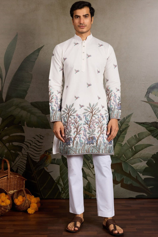 White Kurta With Thread And Embroidered Work For Men
