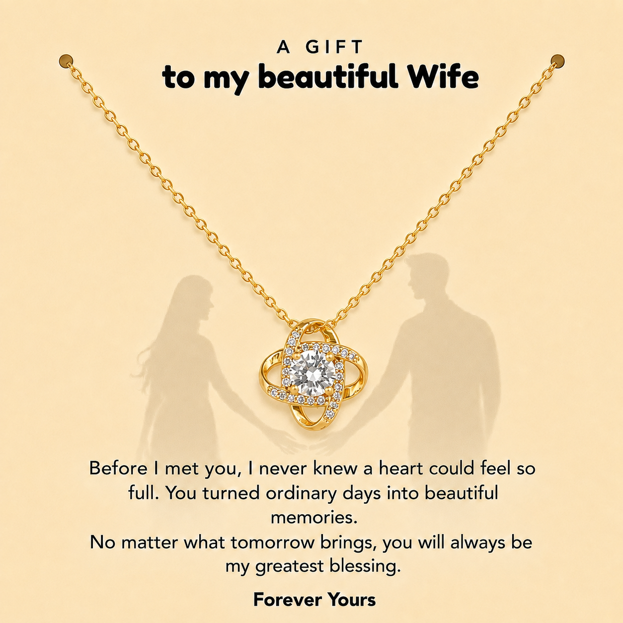 Gold-tone wife gift necklace with clear stone-style center and message card