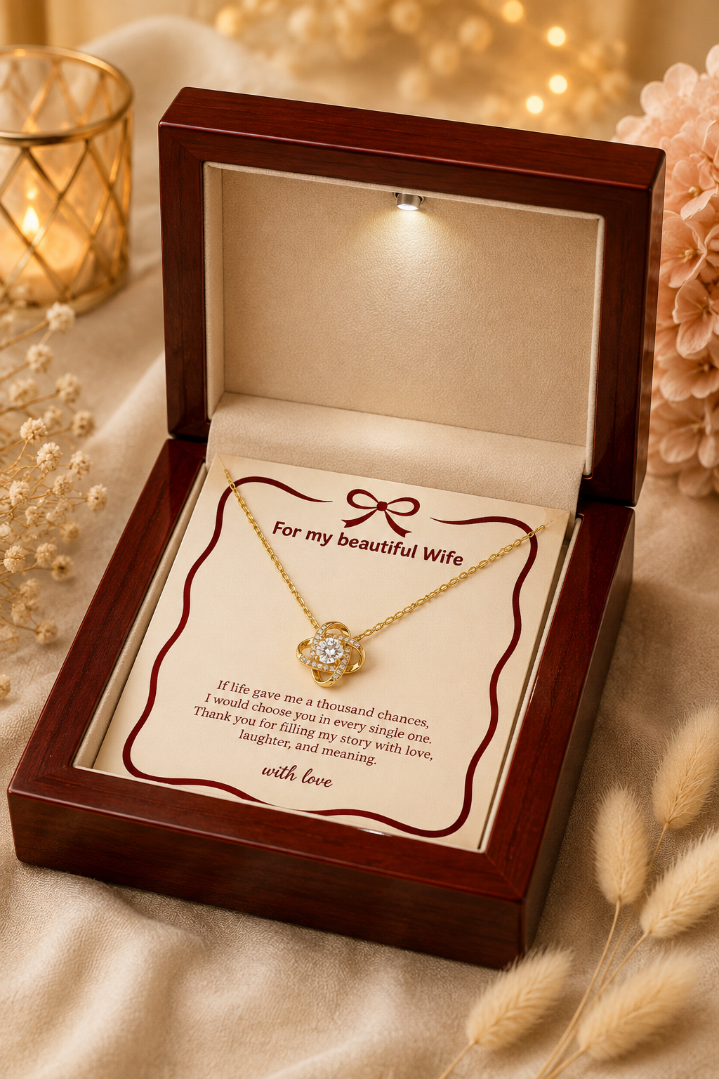 Wife gift necklace with interlocking-loop pendant and clear center stone