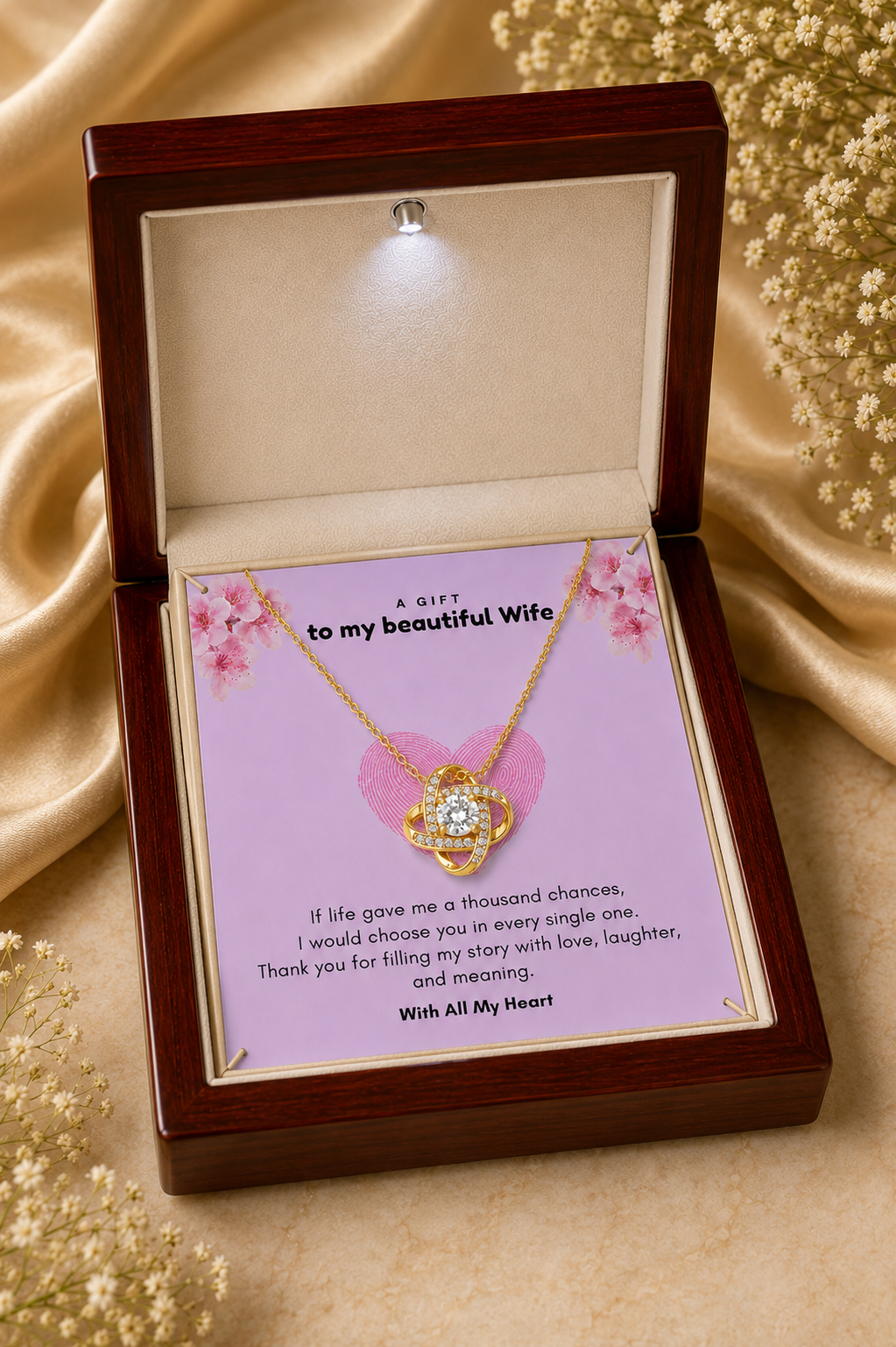 Wife heart pendant necklace presented with emotional message card