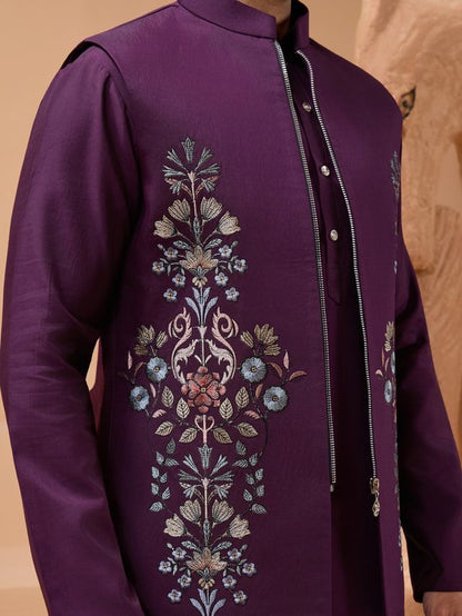 men’s wine kurta set close up of thread embroidery
