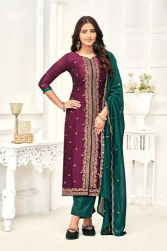 Wine salwar in vichitra silk with embroidery for USA buyers