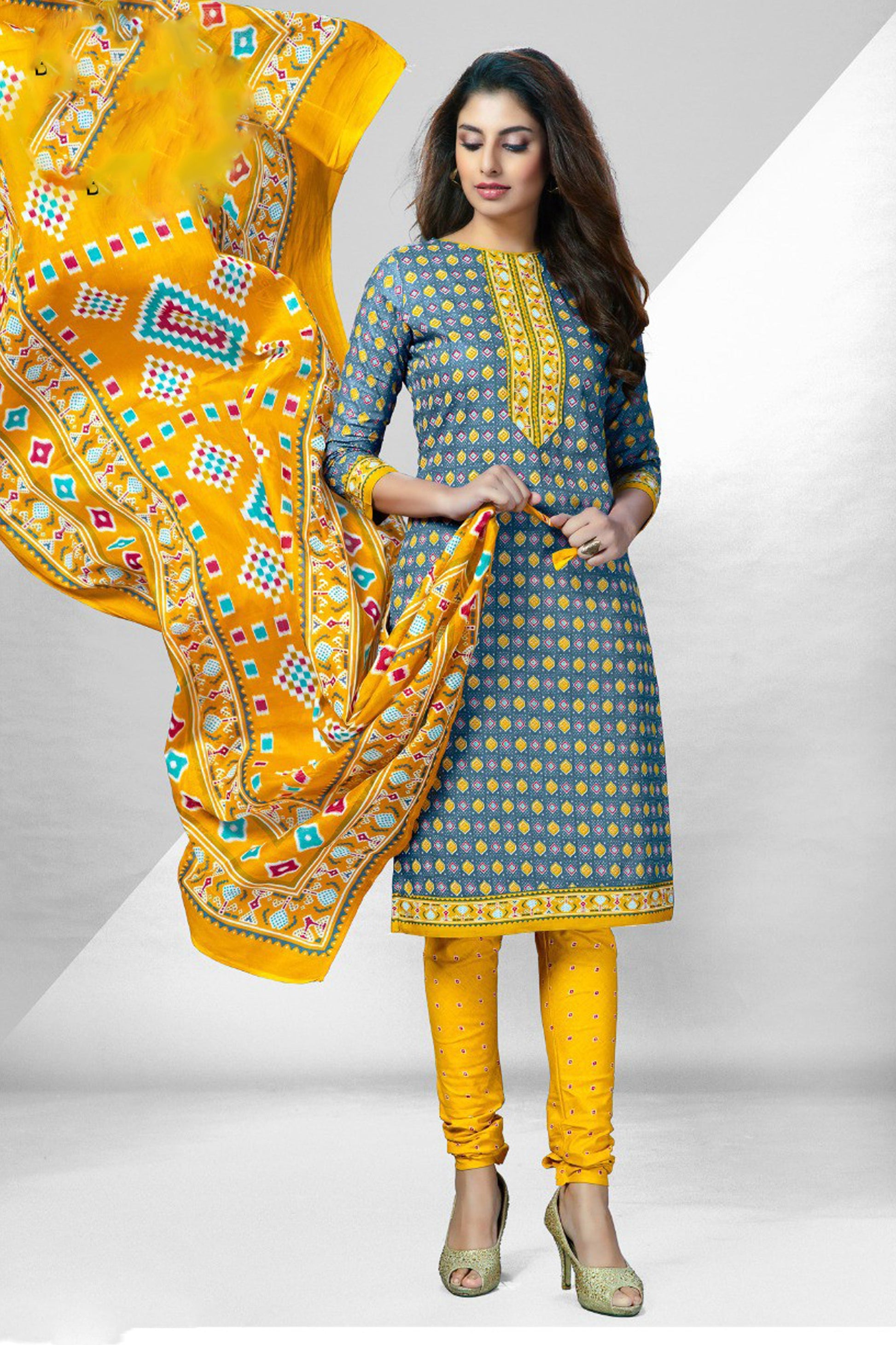 women dresses with yellow bandhani print 