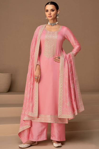 Pink women salwar kurta front view in premium silk