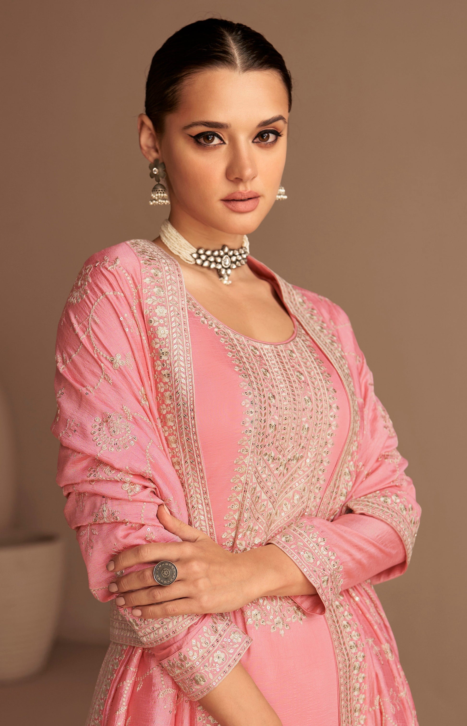 Embroidered pink salwar kameez for Indian wedding events